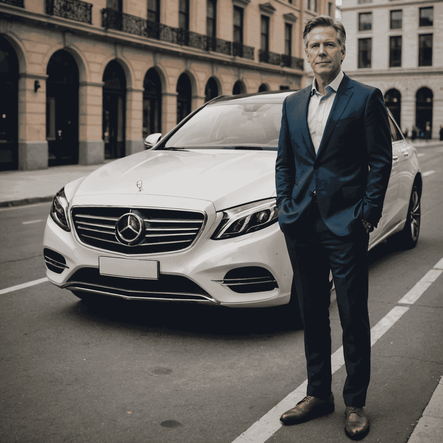 John Doe, CEO of WebNova, standing confidently next to a luxury rental car