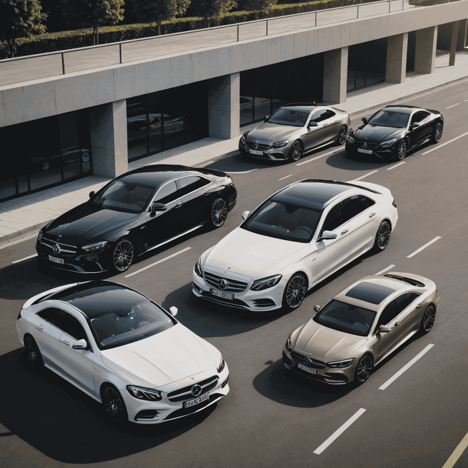 Five luxury cars parked in a row, showcasing their sleek designs and high-end features. The cars include models from brands like Mercedes-Benz, BMW, and Audi, perfect for a luxurious road trip.