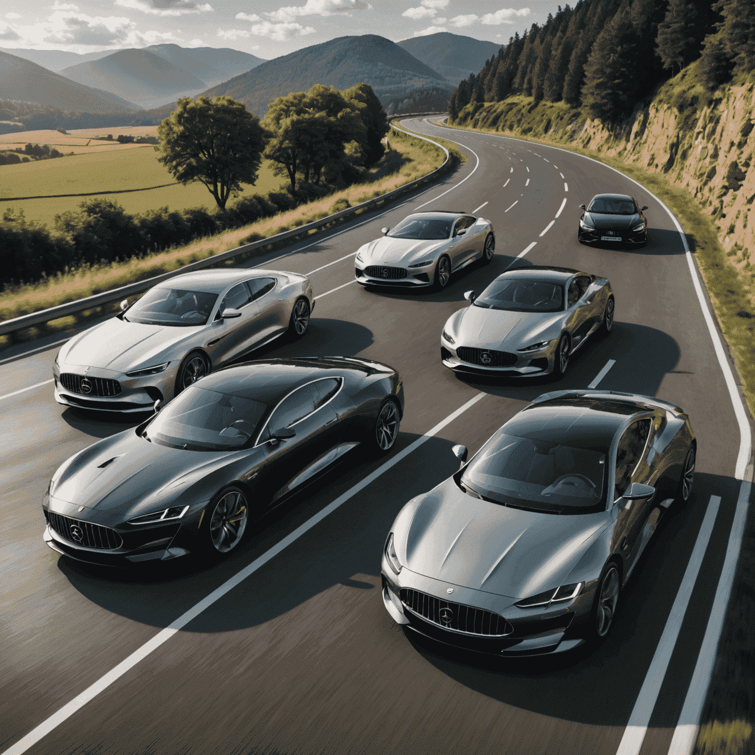 Five luxury cars driving on a scenic road, showcasing their sleek designs and powerful presence