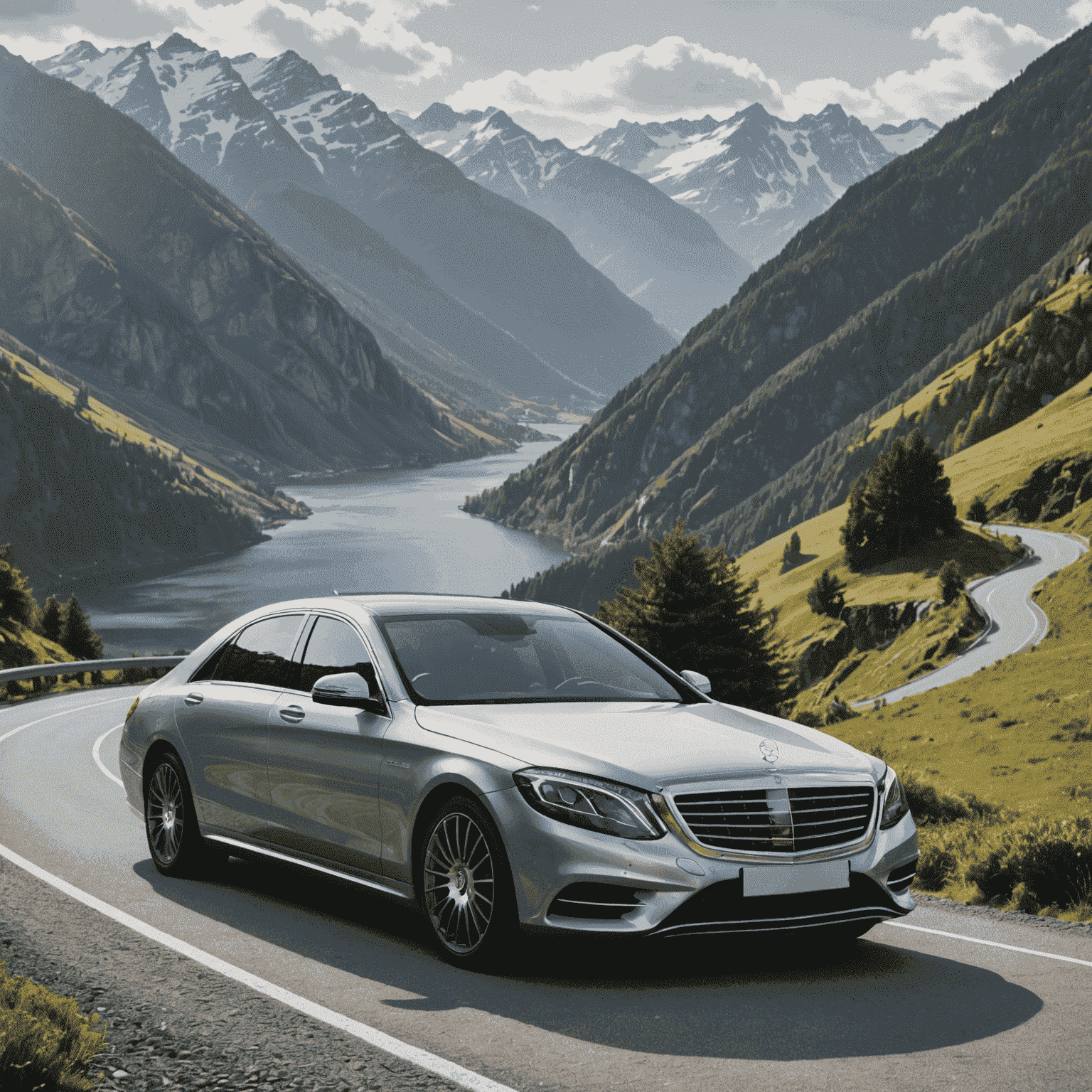 A sleek silver Mercedes-Benz S-Class sedan parked on a scenic mountain road, showcasing its elegant design and luxurious presence