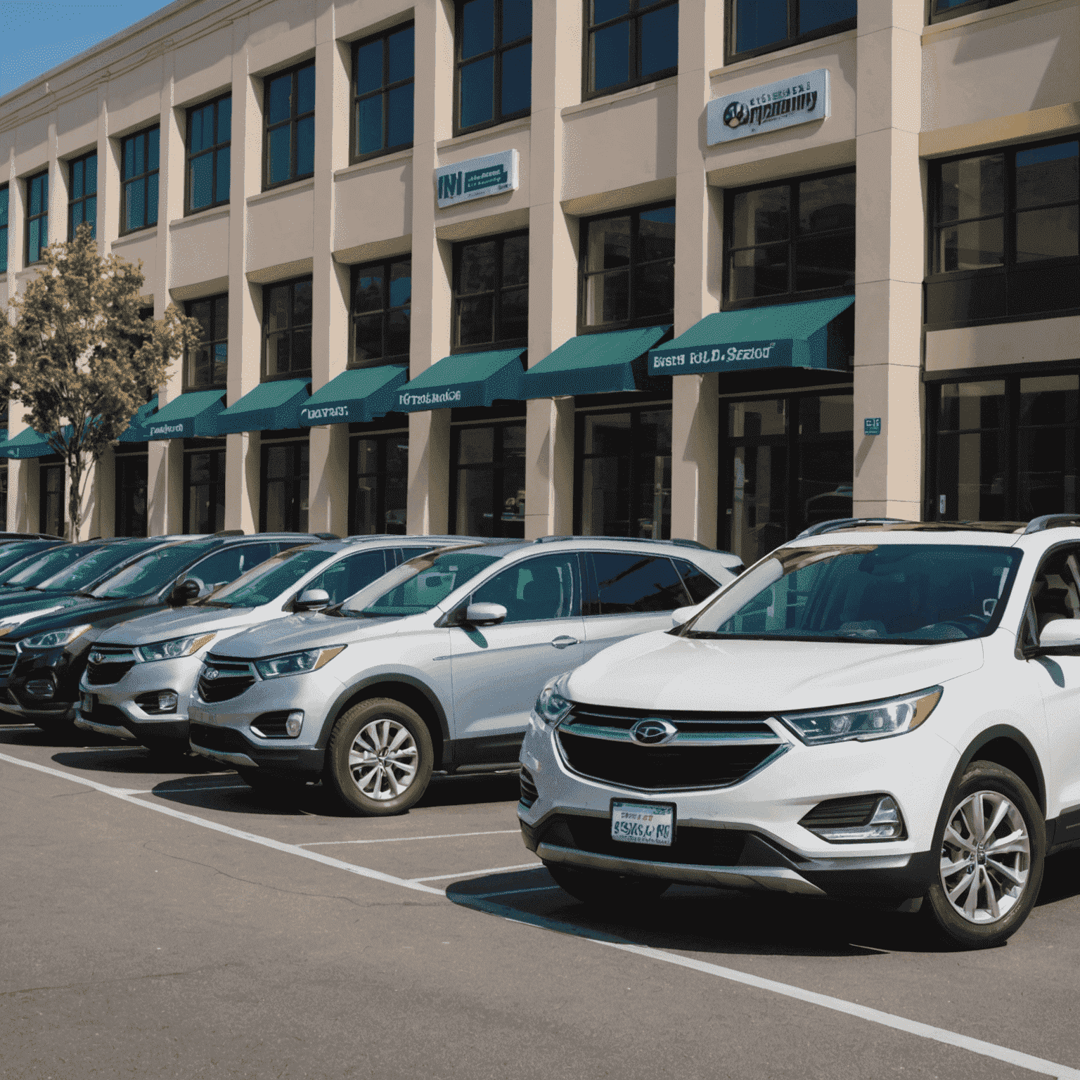 A diverse lineup of affordable rental cars, including compact cars, sedans, and small SUVs, parked in a row with price tags prominently displayed