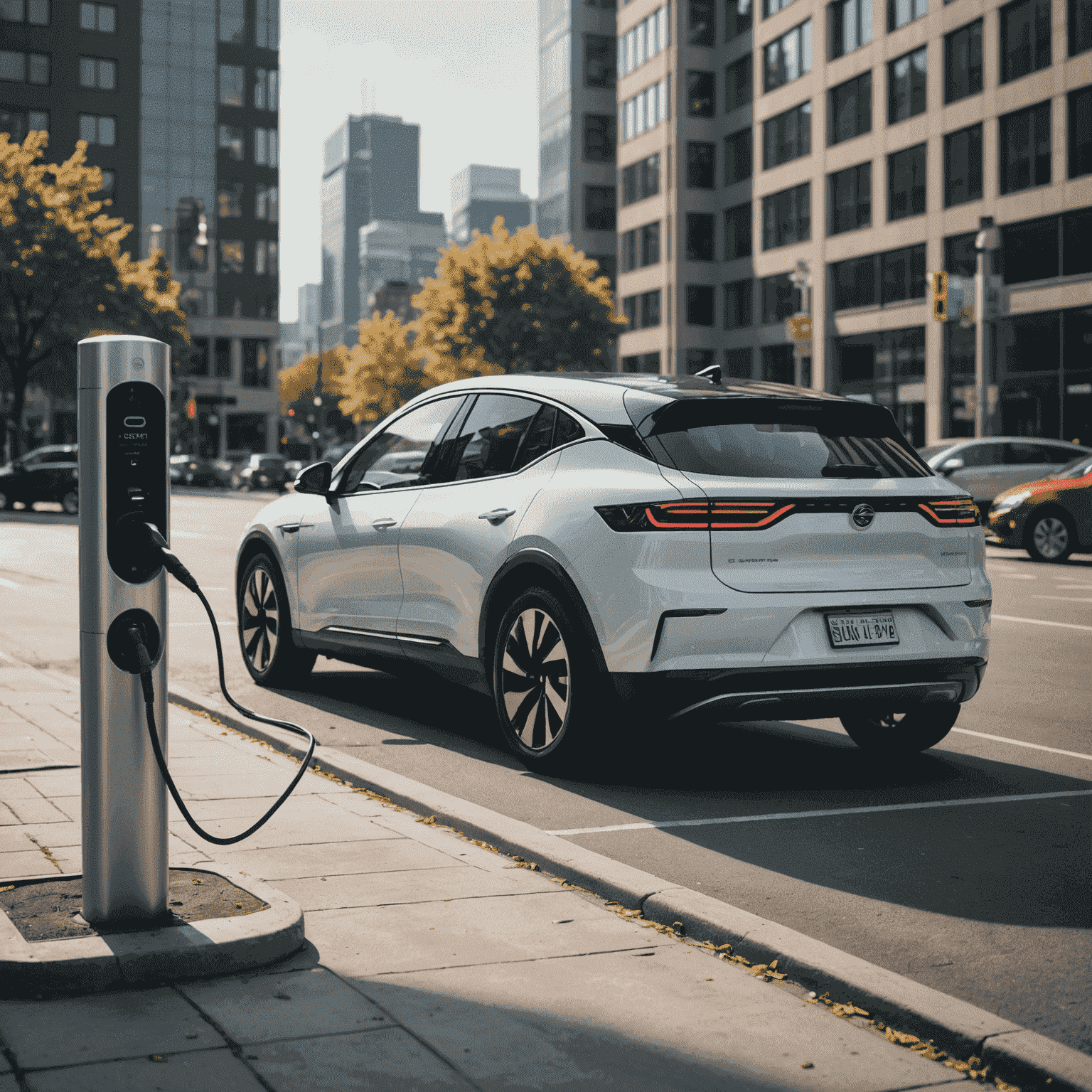 A sleek electric car parked at a charging station, with a person plugging it in. The background shows a modern cityscape, emphasizing the urban compatibility of electric vehicles.