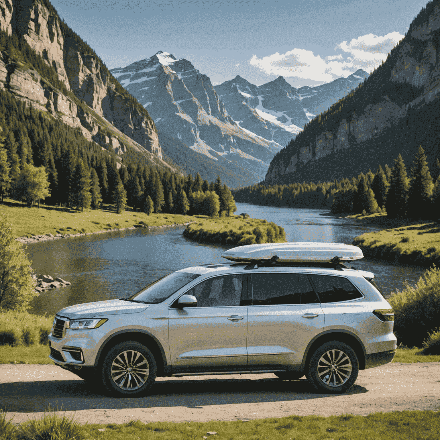 A spacious family SUV with open doors, showing a roomy interior with three rows of seats and ample cargo space. The vehicle is parked in a scenic location, suggesting a family vacation setting.