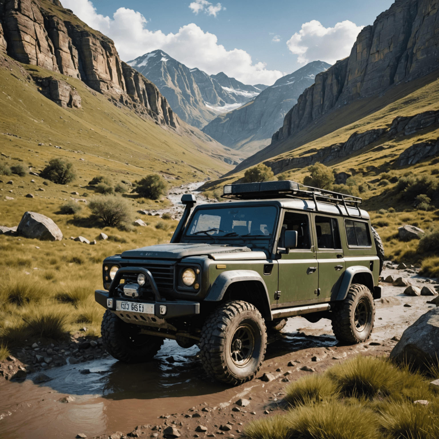 A rugged 4x4 vehicle conquering a challenging off-road terrain with rocky hills and muddy paths