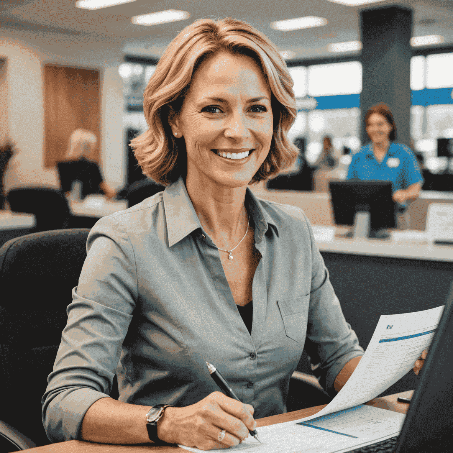 Jane Smith, Customer Service Manager, smiling while assisting a client with car rental paperwork