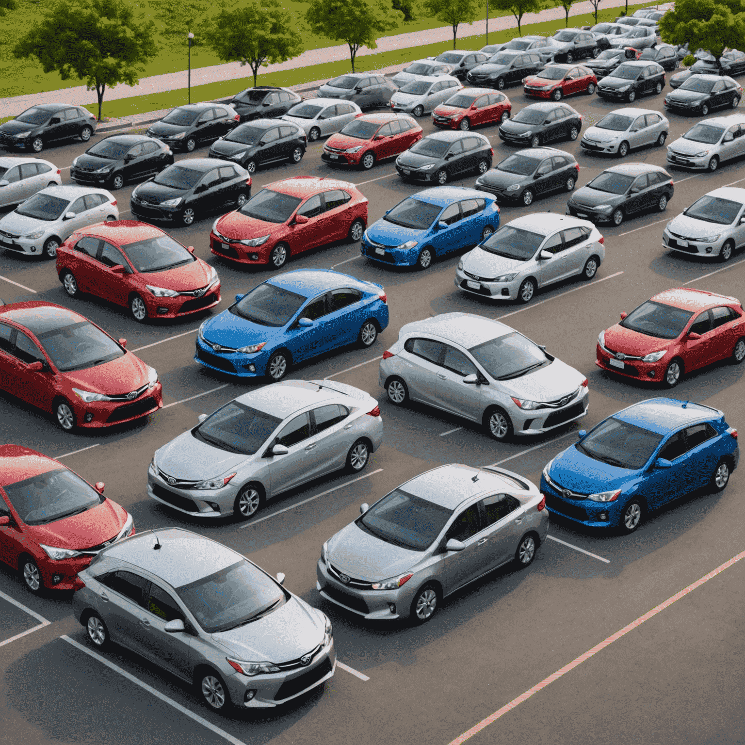 A variety of compact and economy cars lined up, representing affordable rental options. The image includes popular budget-friendly models from manufacturers like Toyota, Honda, and Hyundai.