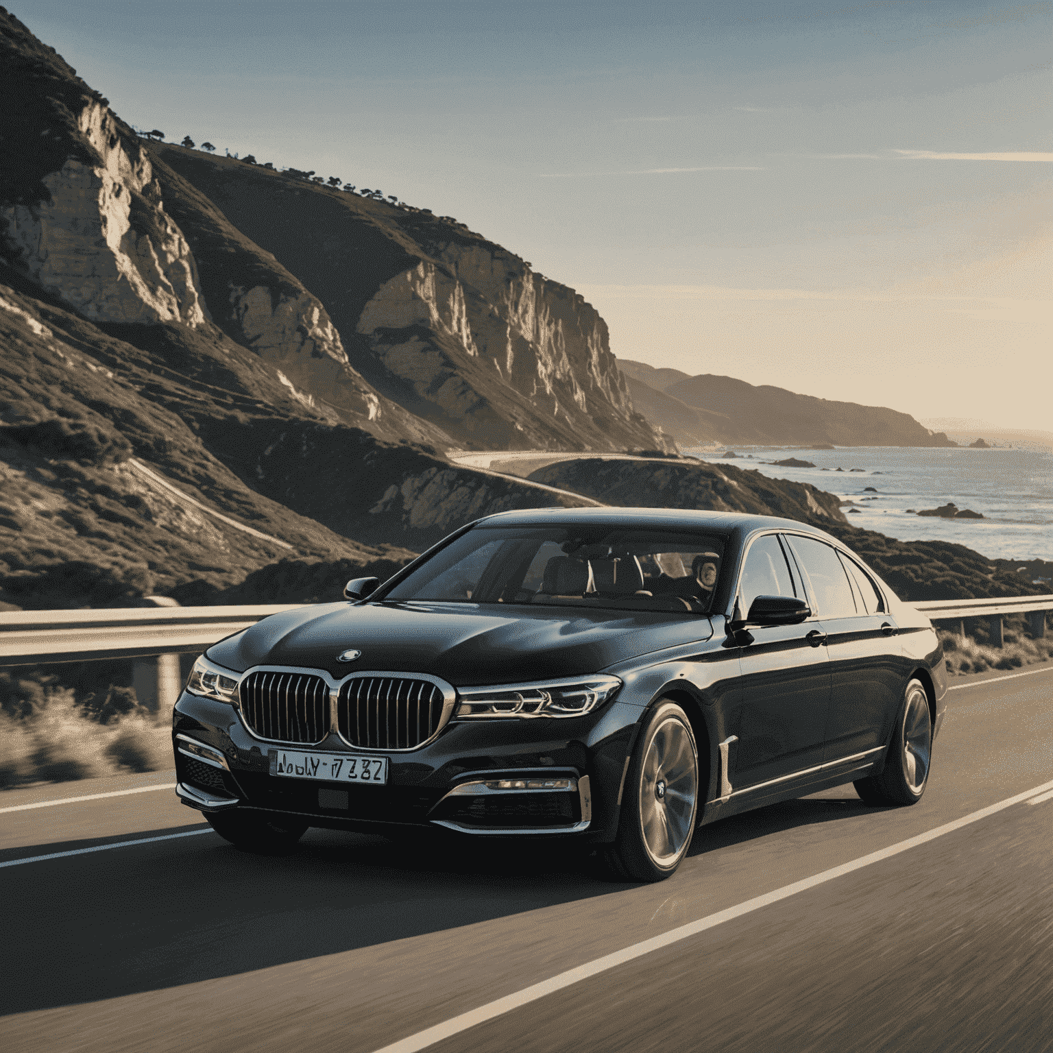 A sophisticated black BMW 7 Series driving along a coastal highway, reflecting the sun and sea in its polished exterior