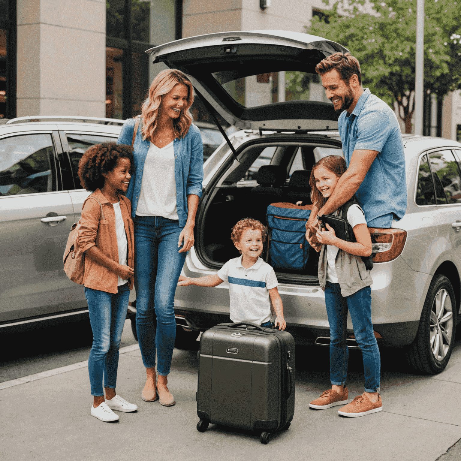 A family of four loading luggage into a mid-size rental car, smiling and looking excited for their budget-friendly trip