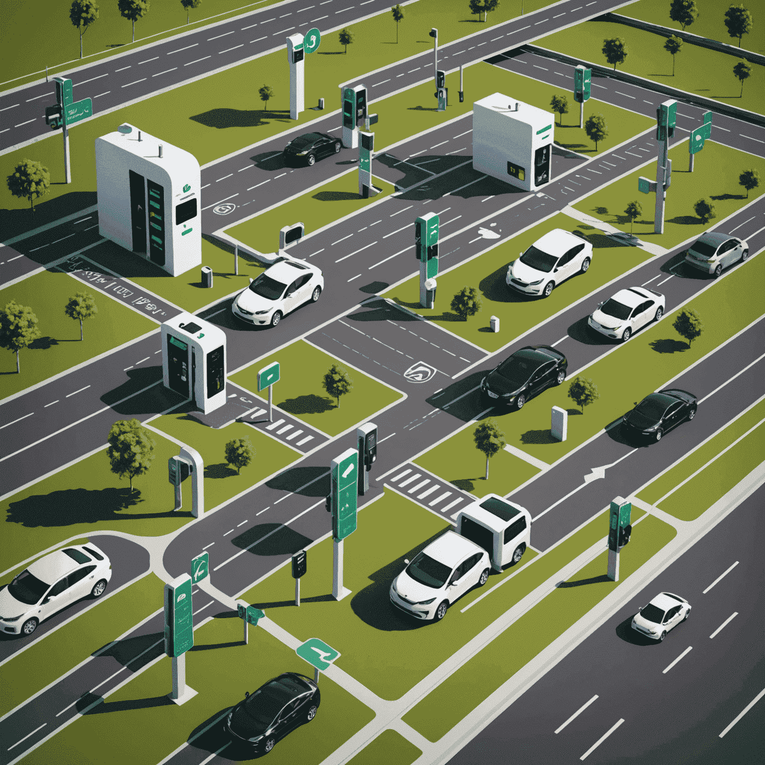 A map displaying various electric vehicle charging stations along a highway, with icons representing different types of chargers and their locations.