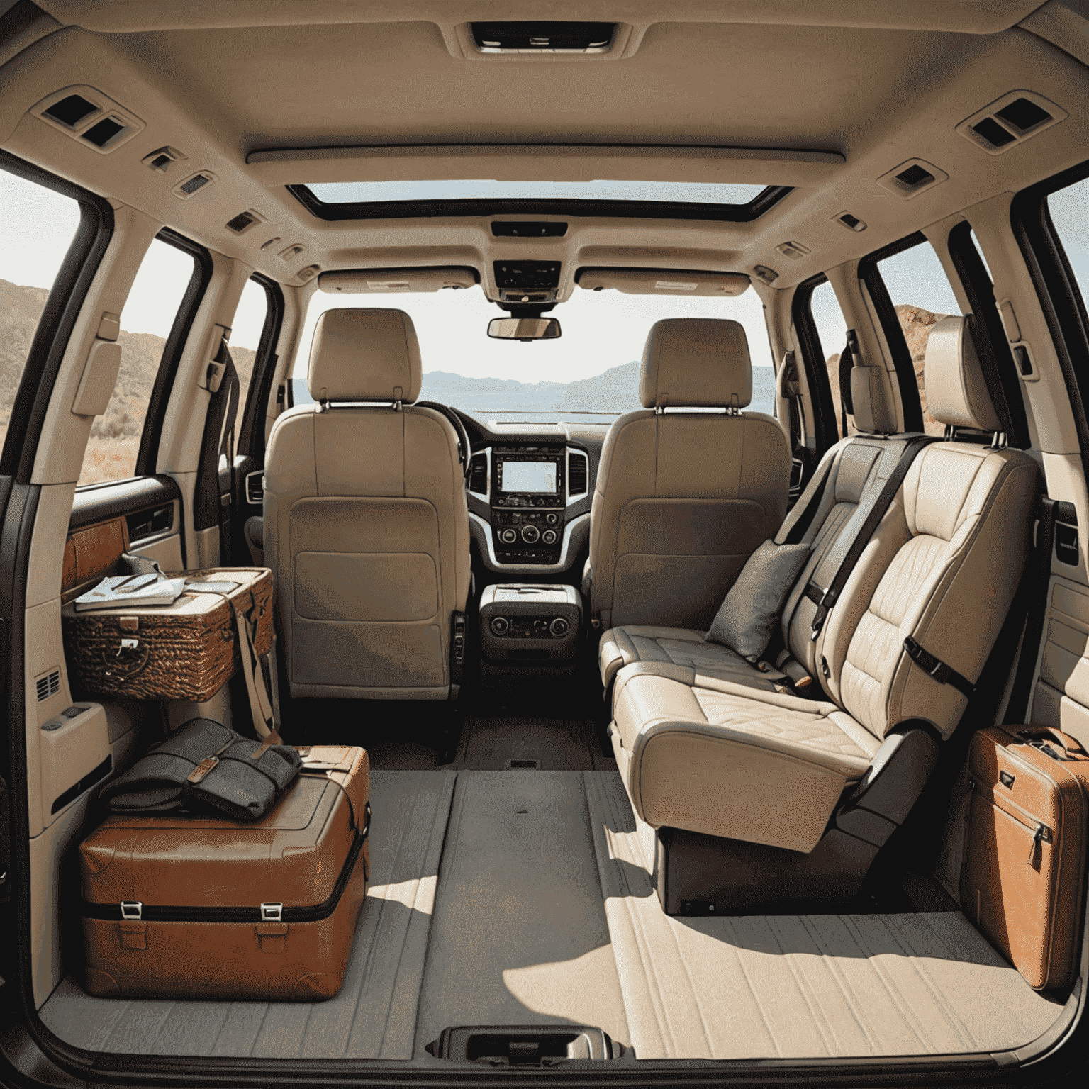 Interior view of a large SUV, showcasing the spacious three-row seating arrangement with plenty of legroom and a large trunk area filled with suitcases and vacation equipment.