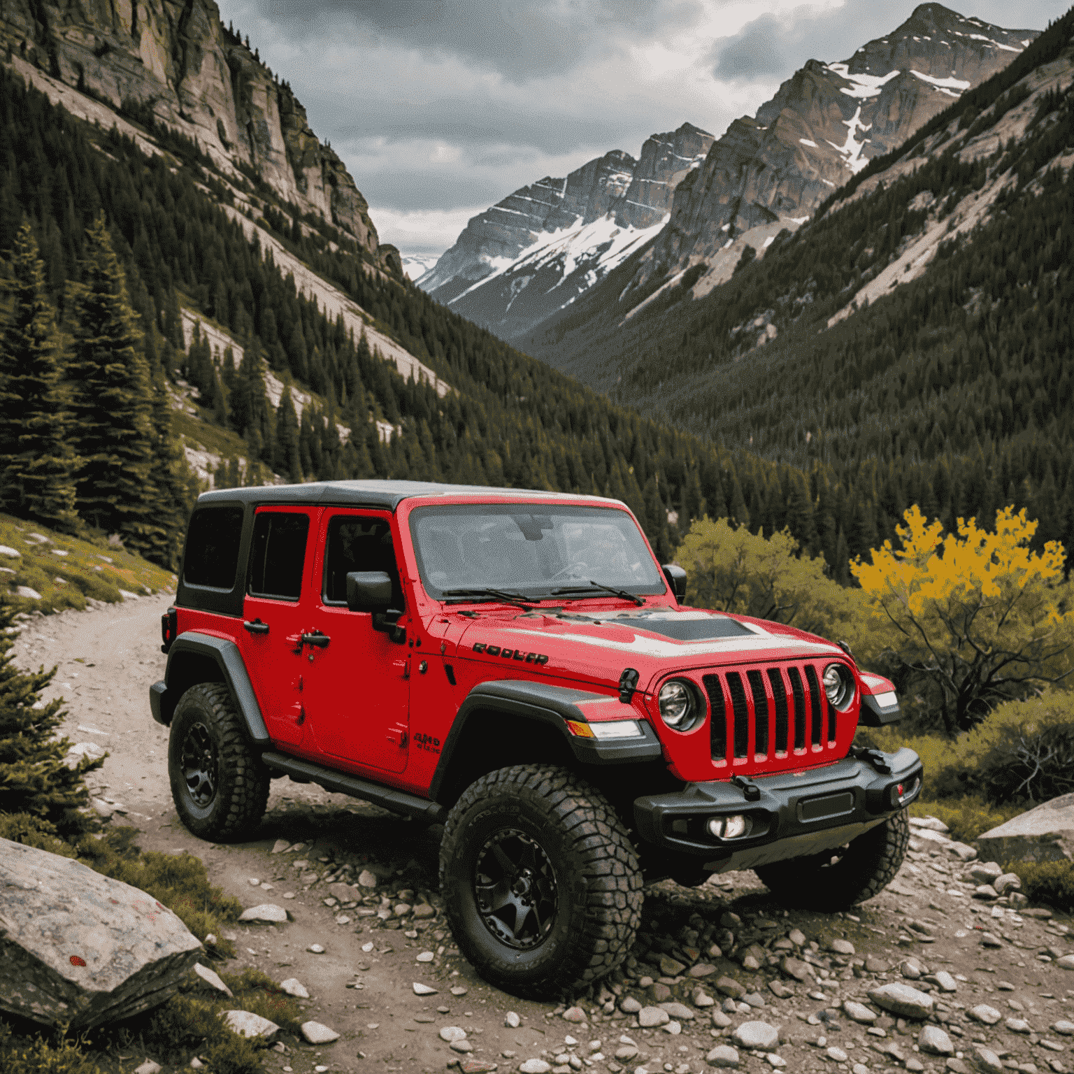 A red Jeep Wrangler Rubicon parked on a rocky mountain trail