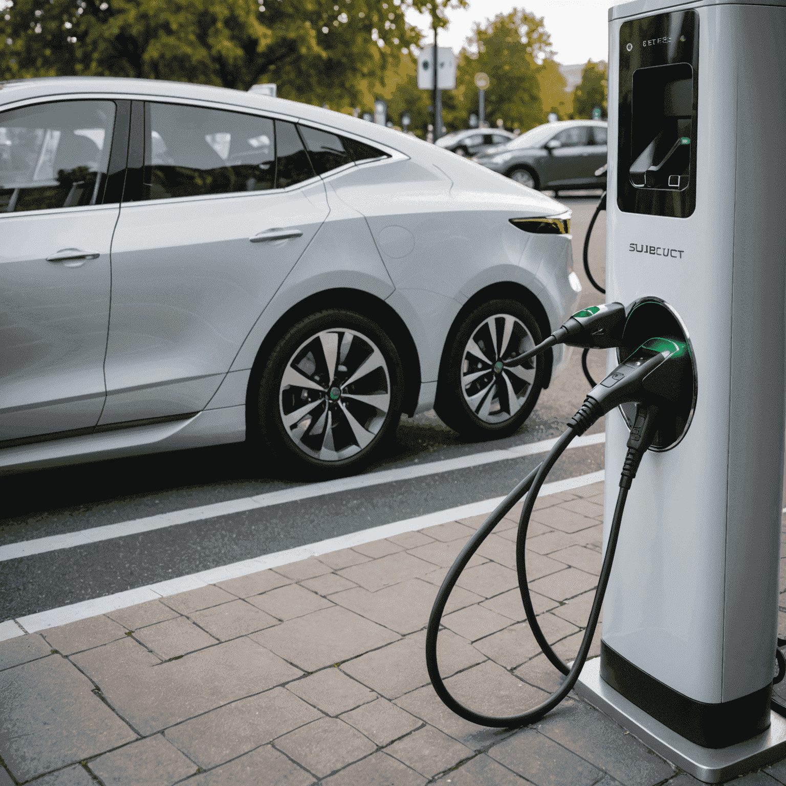 A modern electric vehicle being charged at a charging station. The image showcases the sleek design of the EV and the ease of using a charging point, illustrating the future of car rentals.