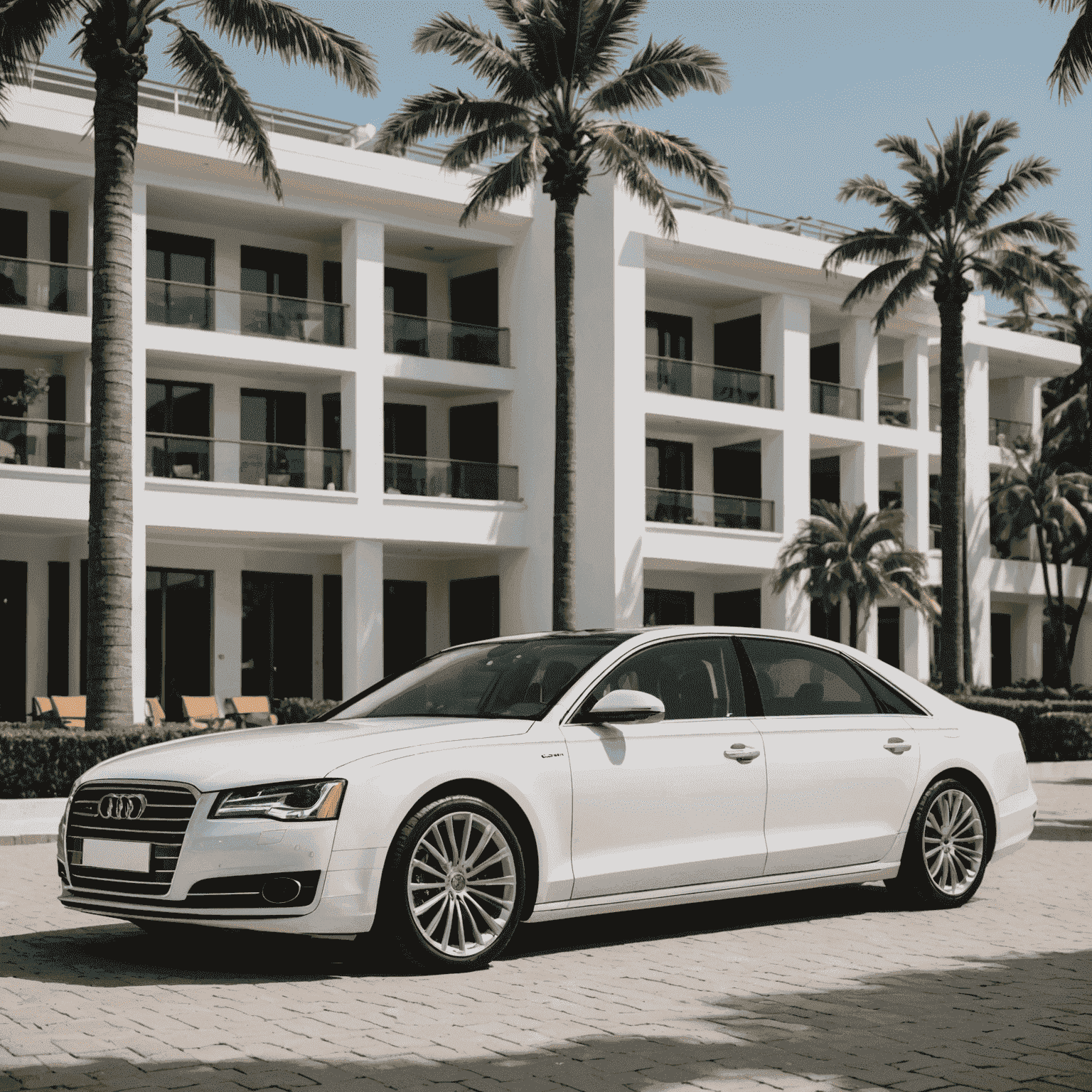 An elegant white Audi A8 parked in front of a luxury resort, showcasing its sophisticated design and premium features