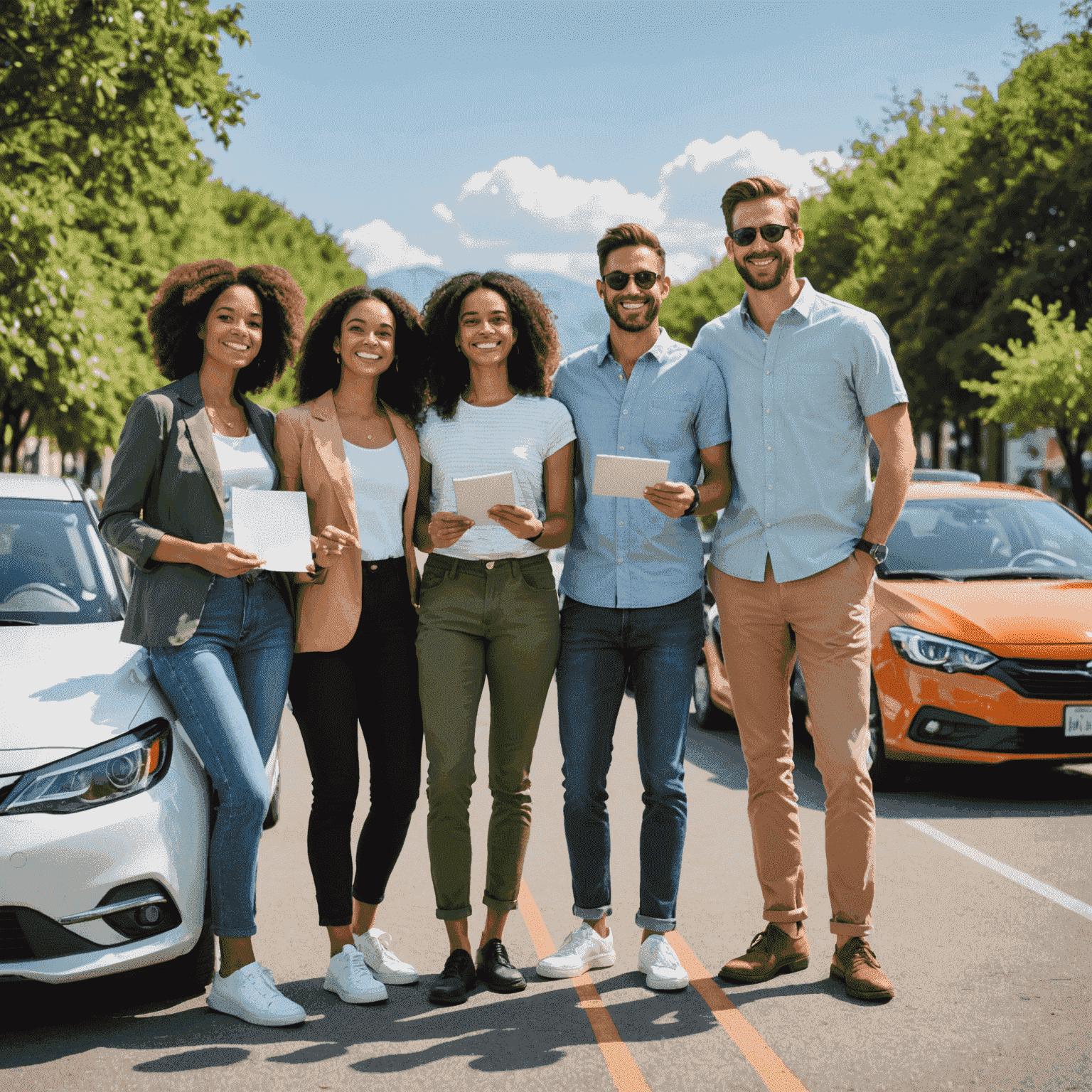 A group of happy travelers standing next to various budget-friendly rental cars, representing different affordable options available at WebNova