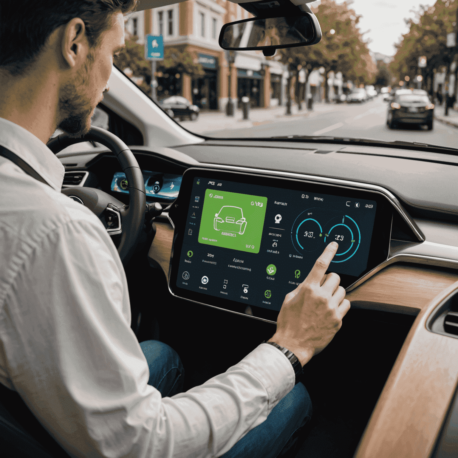 A person sitting in an electric vehicle, interacting with the car's touchscreen display showing various EV-specific features such as range estimation, charging station locations, and battery status.