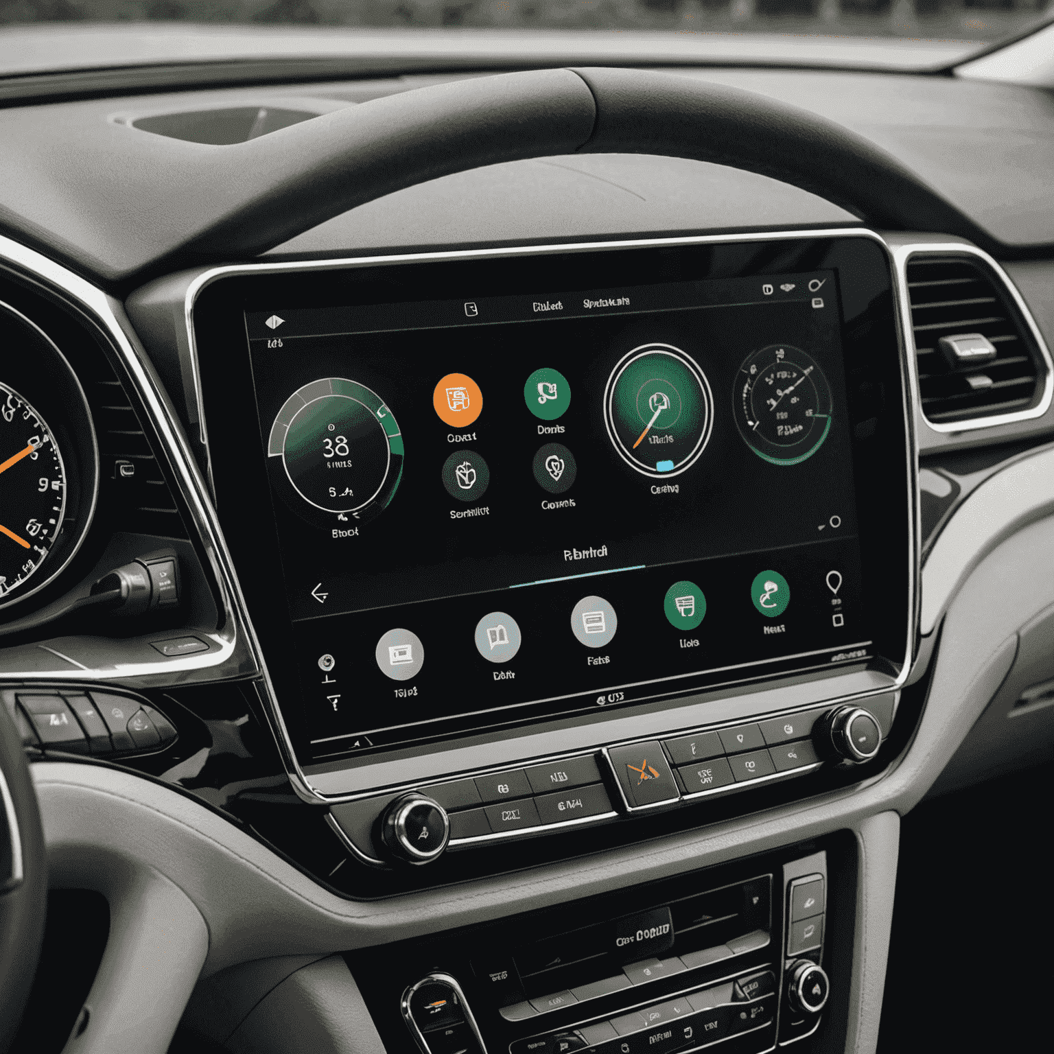 Close-up of a car's interior dashboard showing modern comfort features such as a touchscreen display, climate controls, and multiple USB ports.