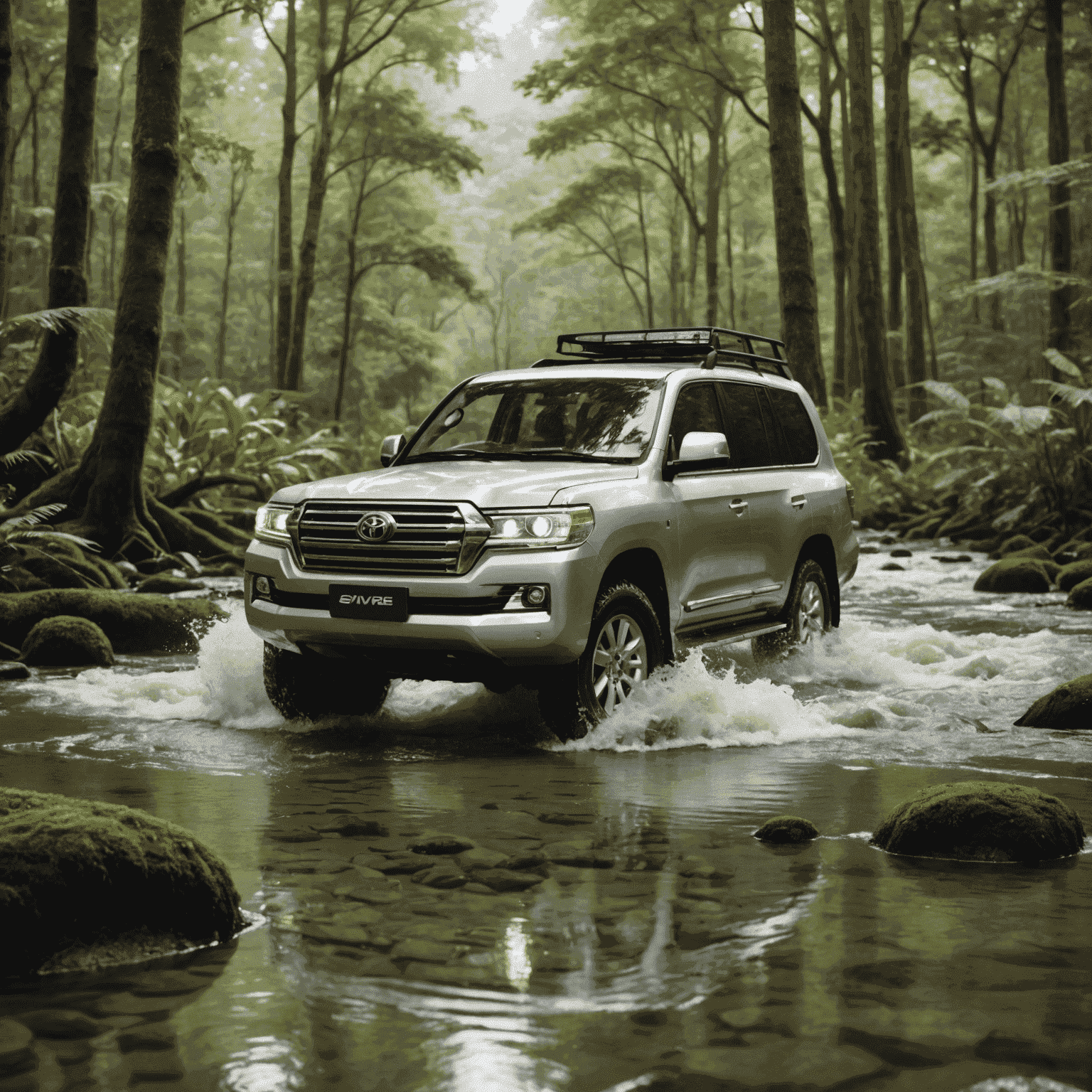 A silver Toyota Land Cruiser fording a shallow river in a lush forest