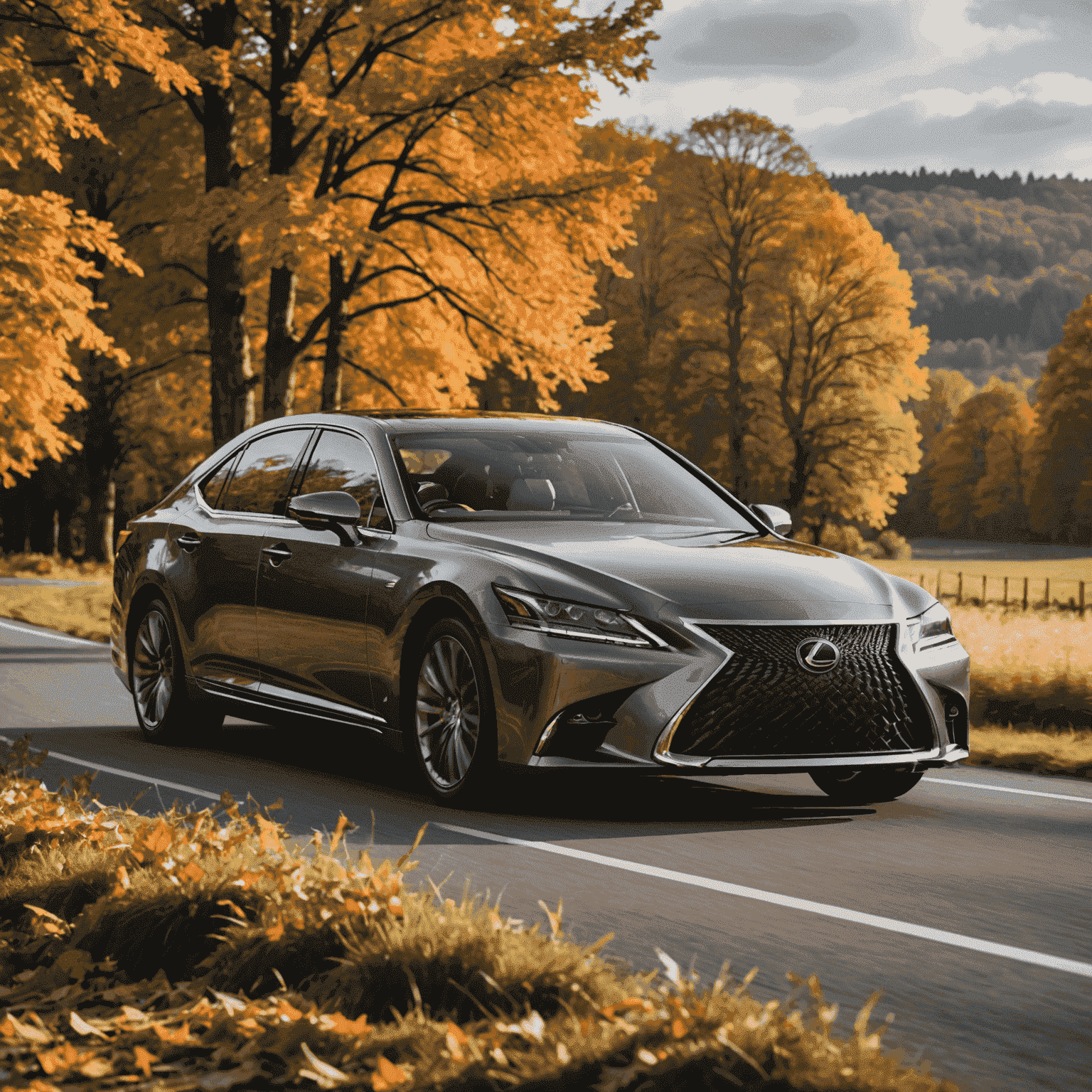 A metallic grey Lexus LS cruising through a picturesque autumn landscape, highlighting its sleek lines and premium appearance