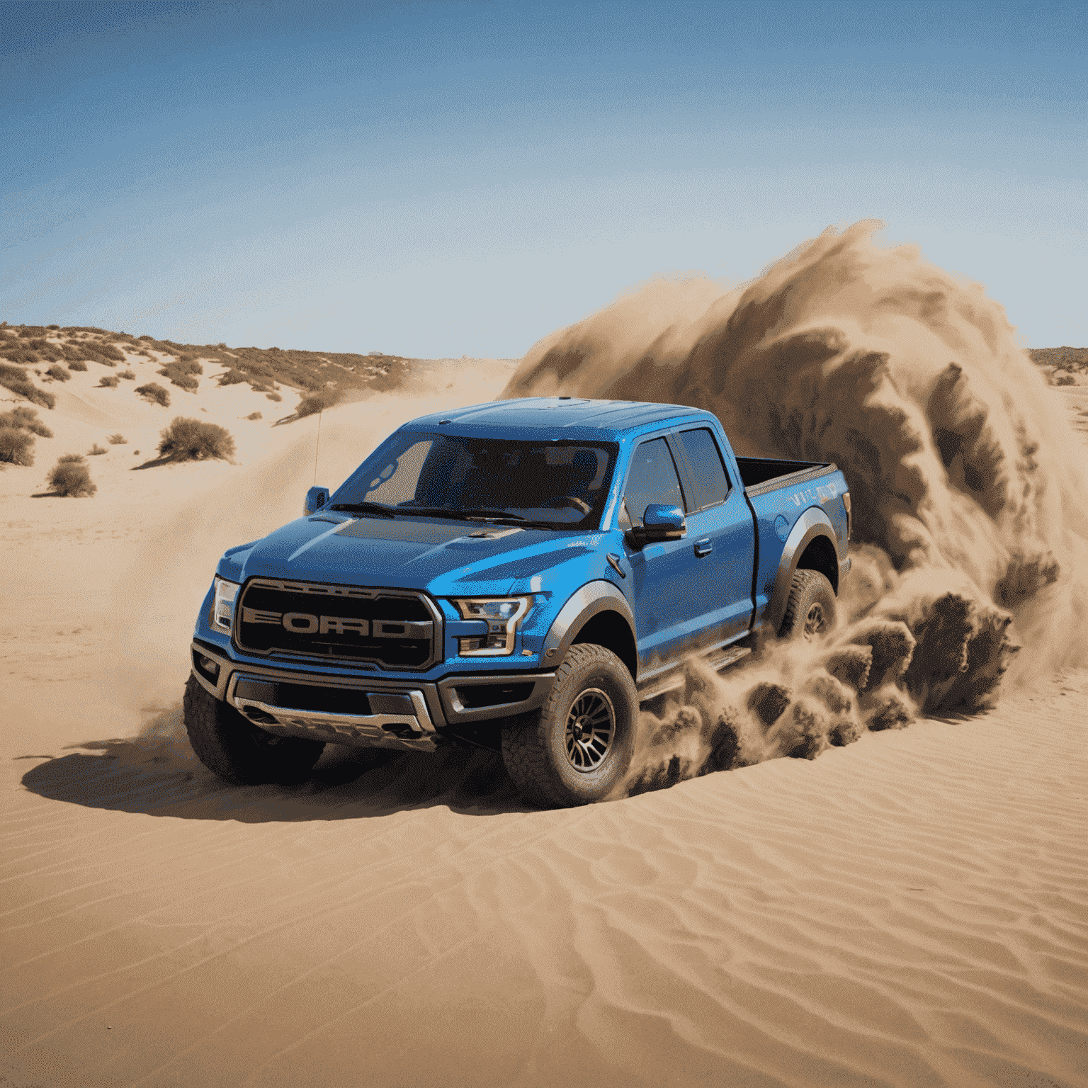 A blue Ford F-150 Raptor kicking up sand as it climbs a steep dune