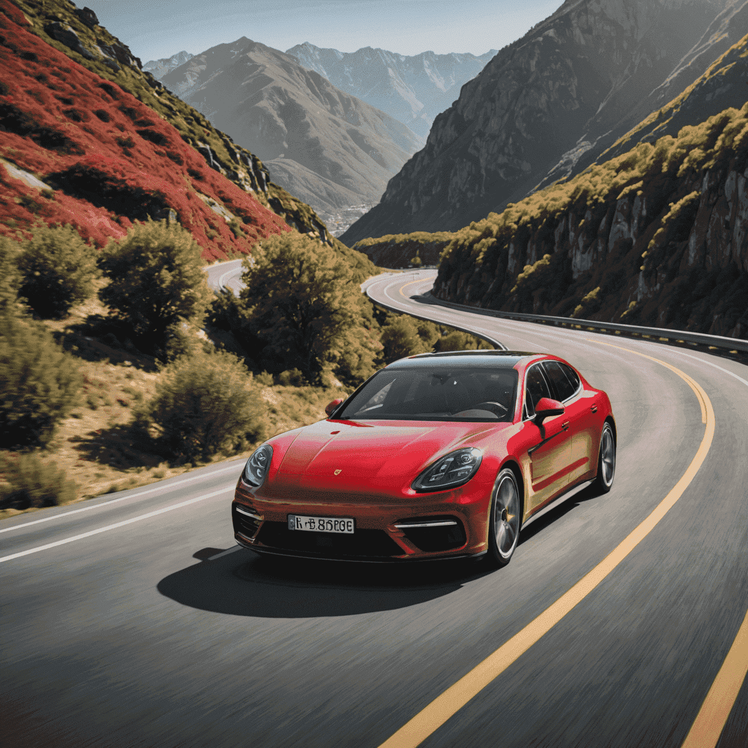 A sporty red Porsche Panamera speeding along a winding mountain road, demonstrating its powerful performance and luxurious design