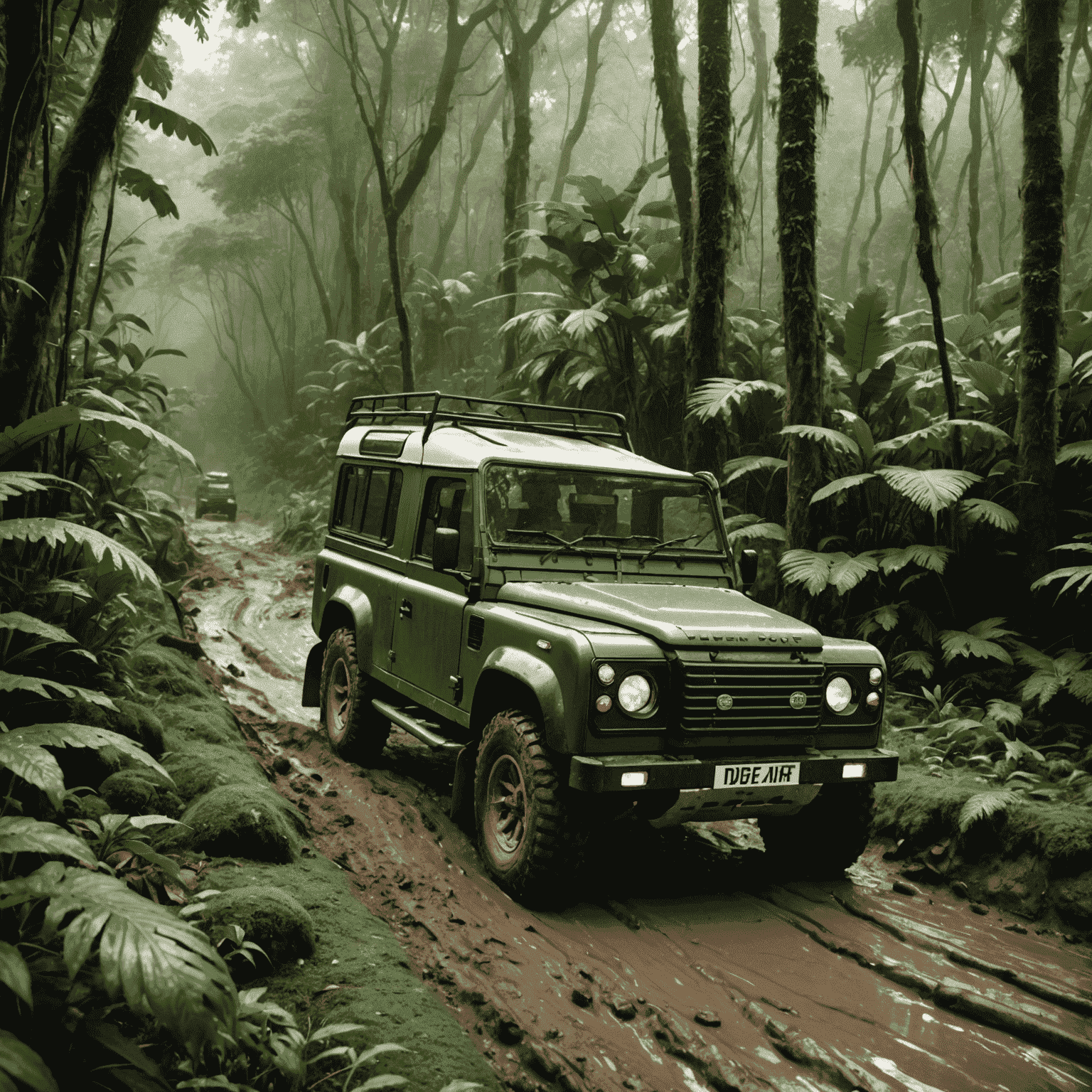 A green Land Rover Defender navigating through a dense, muddy jungle trail